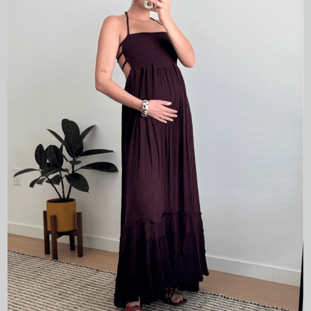 Free People Extratropical Brown Flowy Spaghetti Strap Boho Maxi Dress